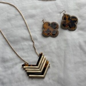 Gold and Tortoiseshell Chevron Pendant Necklace and Earrings - Women Jewelry
